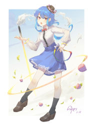 Rule 34 | 1girl, :o, absurdres, alternate hair length, alternate hairstyle, black hat, black socks, blue hair, blue skirt, blush, bow, bowtie, bracelet, brown footwear, cathamos, collared shirt, commentary, dated, food, frilled skirt, frills, fruit, full body, hair over shoulder, hand on own hip, hat, hat ribbon, highres, hinanawi tenshi, jewelry, leaf, long sleeves, looking at viewer, open mouth, peach, rainbow gradient, red bow, red bowtie, red eyes, red ribbon, ribbon, shirt, shoes, short hair with long locks, sidelocks, signature, skirt, sleeve cuffs, socks, solo, standing, sword of hisou, teeth, touhou, upper teeth only, white bow, white shirt, ||/