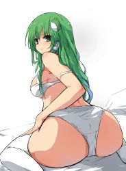 Rule 34 | 1girl, ass, bad id, bad pixiv id, bra, female focus, frog, frog hair ornament, from behind, frown, green eyes, green hair, hair ornament, hair tubes, highres, hip focus, huge ass, kochiya sanae, lingerie, long hair, looking at viewer, looking back, matching hair/eyes, mouth hold, panties, sam (new bee), sitting, solo, strap slip, thick thighs, thighhighs, thighs, touhou, underwear, underwear only, wariza, white bra, white panties, white thighhighs, wide hips
