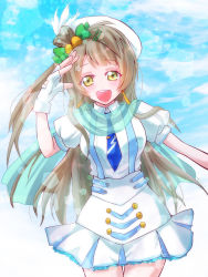 Rule 34 | 1girl, artist name, artist request, blue sky, blush, bow, breasts, brown eyes, brown hair, cloud, collared shirt, day, earrings, feather hair ornament, feathers, female focus, fingerless gloves, gloves, green bow, grey hair, hair bow, hair ornament, hairclip, hat, highres, jewelry, light brown hair, long hair, looking at viewer, love live!, love live! school idol festival, love live! school idol project, medium breasts, minami kotori, necktie, outdoors, outstretched arm, parted lips, ponytail, puffy short sleeves, puffy sleeves, ritsuka (pixiv45801498), rituka, salute, shirt, short sleeves, side ponytail, skirt, sky, smile, solo, white feathers, white gloves, white hat, white shirt, white skirt, wonderful rush