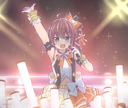 Rule 34 | 1girl, :d, ahoge, blush, bow, bowtie, brown hair, gloves, green eyes, hair bow, hand up, highres, holding, holding microphone, hololive, hololive idol uniform, kukie-nyan, looking at viewer, microphone, natsuiro matsuri, navel, open mouth, orange bow, orange bowtie, orange skirt, side ponytail, skirt, smile, solo, sparkle, twitter username, vest, virtual youtuber, white bow, white gloves, wristband