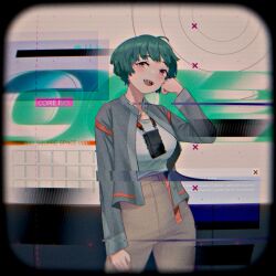 Rule 34 | 1girl, aoore x64, blush, breasts, brown pants, camera, camera around neck, commentary, cowboy shot, cowlick, english commentary, error message, glitch, green hair, grey jacket, hand on own cheek, hand on own face, jacket, long sleeves, looking at viewer, original, pants, red eyes, sharp teeth, shirt, shirt tucked in, short hair, solo, teeth, upper teeth only, vignetting, white shirt