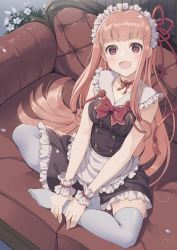 Rule 34 | 1girl, :d, alternate costume, bare shoulders, black dress, blue thighhighs, blush, bow, breasts, brown eyes, brown hair, choker, collarbone, collared dress, commentary request, couch, dress, enmaided, flower, frilled dress, frills, full body, hair ribbon, highres, kotonoha akane, long hair, looking at viewer, maid, maid headdress, no shoes, on couch, open mouth, petals, red bow, red choker, red flower, red ribbon, red rose, ribbon, rose, signature, sitting, sleeveless, sleeveless dress, small breasts, smile, solo, thighhighs, very long hair, voiceroid, white flower, wrist cuffs, yoshino ryou