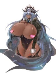 Rule 34 | 1girl, absurdly long hair, black thighhighs, blue eyes, blue hair, breastless clothes, breasts, breasts out, cowboy shot, curvy, dark-skinned female, dark skin, female focus, garter straps, gigantic breasts, gond, grey hair, hair between eyes, hair ornament, hand on own chest, hand on own thigh, headgear, heart, heart pasties, highres, hoshizora no babylon, leotard, long hair, maid headdress, matching hair/eyes, parted bangs, pasties, puffy sleeves, satan (hoshizora no babylon), simple background, solo, standing, thick thighs, thighhighs, thighs, very long hair, white background, wide hips
