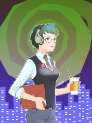 Rule 34 | 1girl, blue eyes, breasts, coffee, collared shirt, cowboy shot, cup, digital media player, disposable cup, dress shirt, drinking straw, envelope, glasses, green hair, headphones, ipod, ipod shuffle, manila envelope, necktie, office lady, original, outline, pencil skirt, red-framed eyewear, shirt, short hair, skirt, sleeves rolled up, small breasts, solo, sony, valjim, vest, walking, white outline