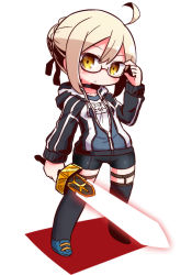 Rule 34 | 1girl, adjusting eyewear, ahoge, arm up, artoria pendragon (fate), bike shorts, black-framed eyewear, black jacket, black ribbon, black shorts, black thighhighs, blue footwear, blush, braid, breasts, brown eyes, chibi, closed mouth, commentary request, drawstring, fate/grand order, fate (series), full body, glasses, glowing, glowing sword, glowing weapon, gym shirt, hair between eyes, hair bun, hair ribbon, holding, holding sword, holding weapon, hood, hood down, hooded jacket, jacket, light brown hair, long sleeves, mysterious heroine x alter (fate), mysterious heroine x alter (second ascension) (fate), naga u, name tag, open clothes, open jacket, ribbon, semi-rimless eyewear, shadow, shirt, shoes, short shorts, shorts, sidelocks, single hair bun, small breasts, solo, standing, sword, thighhighs, track jacket, under-rim eyewear, weapon, white background, white shirt