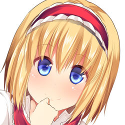 Rule 34 | 1girl, alice margatroid, bad id, bad pixiv id, blonde hair, blue eyes, blush, finger to mouth, hairband, lolita hairband, looking at viewer, lowres, masa (miyabitei), portrait, smile, solo, touhou