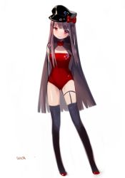 Rule 34 | 1girl, arms behind back, artist name, bad id, bad pixiv id, black thighhighs, blue eyes, bow, brown hair, full body, hat, leotard, long hair, looking at viewer, original, red eyes, signature, simple background, smile, solo, standing, sukja, thighhighs, very long hair