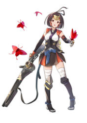 Rule 34 | 1girl, bandages, bandaged leg, bandages, black ribbon, breasts, brown eyes, brown hair, bug, butterfly, commentary request, detached sleeves, gun, hair ribbon, holding, holding gun, holding weapon, bug, japanese clothes, koutetsujou no kabaneri, long sleeves, looking at viewer, mumei (kabaneri), open mouth, red eyes, ribbon, short hair, simple background, solo, weapon, white background, yuuzuki (re&#039;ef)