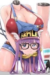 Rule 34 | 1girl, absurdres, age progression, aged up, alternate breast size, android, baseball cap, bikini, bikini top only, bikini under clothes, blue eyes, blue overalls, blush, breasts, disembodied head, disembodied hand, dr. slump, hat, headless, highres, holding head, humanoid robot, kntrs (knyrs), large breasts, long hair, mechanical parts, norimaki arale, overall shorts, overalls, purple hair, robot, smile, socks, solo, striped clothes, striped socks, swimsuit, white background, winged hat
