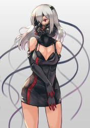 Rule 34 | 1girl, blackball, bra, breasts, cleavage, dress, elbow gloves, eyepatch, gas mask, gloves, large breasts, long hair, mask, original, pencil dress, red eyes, silver hair, simple background, solo, underwear