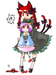 Rule 34 | !?, 2girls, animal ears, bad id, bad pixiv id, bow, braid, cat ears, cat girl, cat tail, fangs, female focus, full body, hair bow, heart, kaenbyou rin, komeiji satori, multiple girls, multiple hair bows, multiple tails, myama, purple hair, red eyes, red hair, shoes, short hair, simple background, single shoe, socks, standing, tail, touhou, twin braids, white background