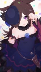 Rule 34 | 1girl, animal ears, bare shoulders, blue flower, blue rose, blurry, breasts, brown hair, confetti, dagger, depth of field, dress, flower, fur choker, hair over one eye, hat, highres, horse ears, knife, long hair, looking at viewer, off-shoulder dress, off shoulder, open mouth, paw pose, purple eyes, purple hat, rice shower (umamusume), rose, sheath, sheathed, small breasts, solo, tissuebox (artist), umamusume, upper body, weapon