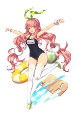 Rule 34 | 1girl, absurdres, arms up, ball, beachball, blue one-piece swimsuit, breasts, cleavage, covered navel, green ribbon, hair ribbon, highres, huge filesize, innertube, kickboard, kinos (kw00789), medium breasts, one-piece swimsuit, original, pink hair, red eyes, ribbon, school swimsuit, scrunchie, sidelocks, simple background, swim ring, swimsuit, thighhighs, twintails, water, white background, white thighhighs, wrist scrunchie