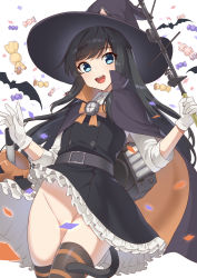 Rule 34 | 1girl, akagi kurage, animal ears, asashio (kancolle), bat (animal), belt, black belt, black dress, black hair, black thighhighs, blue eyes, candy, cape, cat ears, cat tail, clothes lift, convenient censoring, dress, dress lift, food, gloves, halloween, hat, highres, kantai collection, long hair, long sleeves, no panties, open mouth, petticoat, pinafore dress, school uniform, shirt, sleeveless, sleeveless dress, smile, solo, striped clothes, striped thighhighs, tail, thighhighs, torpedo launcher, white gloves, white shirt, witch hat