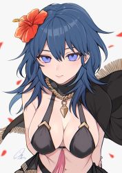Rule 34 | 1girl, arms behind back, banned artist, bare shoulders, bikini, black bikini, black cape, blue eyes, blue hair, breasts, byleth (female) (fire emblem), byleth (fire emblem), cape, commentary, english commentary, fire emblem, fire emblem: three houses, fire emblem heroes, flower, hair between eyes, hair flower, hair ornament, hibiscus, highres, large breasts, long hair, looking at viewer, navel, nintendo, red flower, shimizu akina, smile, solo, stomach, swimsuit, upper body