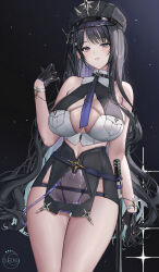 1girl bare_arms bare_shoulders baton_(weapon) black_gloves black_hair black_hat blush breasts commentary gloves hair_ornament hand_up hat highres large_breasts looking_at_viewer mole mole_under_eye original parted_lips purple_eyes see-through_clothes see-through_skirt skirt smile solo standing subong thigh_gap thighs weapon