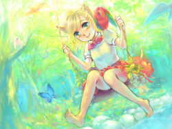 Rule 34 | 1girl, ame yamori, animal, animal ears, animal on shoulder, barefoot, bird, bird on shoulder, blonde hair, bug, butterfly, convenient leg, flower, forest, bug, nature, parrot, smile, solo, swing, wallpaper