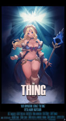Rule 34 | 1girl, armor, bare shoulders, bikini armor, blonde hair, blue eyes, breasts, commentary, crystal maiden, dota (series), dota 2, highres, instant ip, large breasts, legs, long hair, movie poster, navel, night stalker (dota), parody, signature, smile, staff, thighs