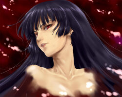 Rule 34 | 1girl, bare shoulders, black hair, collarbone, commentary request, highres, kanoe yuuko, lips, long hair, looking at viewer, open mouth, pandaraion (kanikani2950), portrait, red background, red eyes, solo, tasogare otome x amnesia, upper body