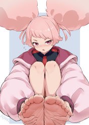Rule 34 | 1girl, absurdres, afro puffs, aomoro, barefoot, blue background, chuatury panlunch, feet, foot focus, foreshortening, gundam, gundam suisei no majo, highres, light blush, long hair, looking at viewer, open mouth, pink eyes, pink hair, soles, toes