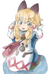 Rule 34 | animal ears, bag, bell, blonde hair, blush, cat ears, cowbell, croixsan, dress, green eyes, meowstress, monster hunter, monster hunter (series), monster hunter x, open mouth, paw pose, shoulder bag, simple background, white background