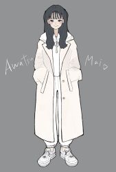 Rule 34 | 1girl, awatsu mai, black hair, buttons, character name, closed mouth, coat, commentary request, cross-laced footwear, drawstring, ear piercing, full body, grey background, grey eyes, hands in pockets, heart, highres, hood, hood down, hoodie, light blush, long hair, looking at viewer, mole, mole under eye, nike (company), nike air force 1, open clothes, open coat, pants, piercing, pocket, real life, sally (allogkk), shoes, simple background, smile, sneakers, solo, standing, straight-on, two side up, voice actor, white coat, white footwear, white hoodie, white pants