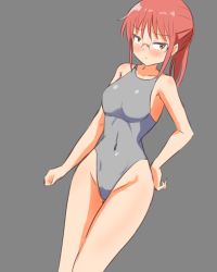Rule 34 | 1girl, alternate breast size, armpit peek, bad id, bad pixiv id, blush, breasts, brown hair, clenched hand, closed mouth, collarbone, competition swimsuit, covered navel, dai den jin, female focus, glasses, grey background, grey one-piece swimsuit, groin, hand on own hip, highleg, highres, kobayashi-san chi no maidragon, kobayashi (maidragon), looking to the side, medium breasts, one-piece swimsuit, ponytail, short hair, simple background, solo, standing, swimsuit, yellow eyes