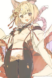 Rule 34 | 1girl, animal ears, black pantyhose, blonde hair, blunt bangs, blush, breasts, brown eyes, detached sleeves, dog ears, dog girl, erune, gorirago, granblue fantasy, hair ornament, highres, looking at viewer, open mouth, pantyhose, pelvic curtain, rope, shimenawa, short hair, simple background, small breasts, solo, underboob, vajra (granblue fantasy), white background, wide sleeves