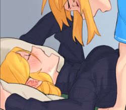 Rule 34 | 1boy, 1girl, alternate costume, black sweater, blonde hair, blue shirt, blush, breasts, from side, grey background, hetero, implied sex, large breasts, link, lying, medium hair, nintendo, on back, open mouth, paid reward available, pillow, pointy ears, princess zelda, rob ishi, shirt, sidelocks, sweater, the legend of zelda, the legend of zelda: breath of the wild