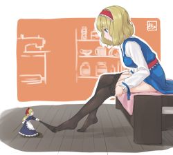 Rule 34 | 1girl, alice margatroid, apron, black pantyhose, blonde hair, blue eyes, closed eyes, clothes pull, doll, dress, feet, full body, hair ribbon, hairband, kitano (kitanosnowwhite), long hair, long sleeves, no shoes, on bed, outstretched arms, pantyhose, pantyhose pull, profile, puffy sleeves, ribbon, sash, shanghai doll, short hair, sitting, touhou, waist apron, watermark