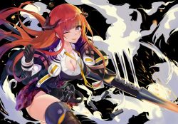 Rule 34 | 1girl, ;p, arknights, bagpipe (arknights), belt, black gloves, black thighhighs, breasts, cleavage, gloves, grey eyes, holding, holding weapon, horns, long hair, looking at viewer, one eye closed, orange hair, skirt, smile, smoke, solo, srpzk, thighhighs, tongue, tongue out, very long hair, weapon