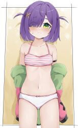Rule 34 | 1girl, absurdres, belly, blush, blush stickers, bow, bow panties, bra, breasts, commission, dress, eien project, green eyes, highres, hood, hoodie, knee up, knees up, looking at viewer, navel, panties, purple hair, ribbon, short hair, simple background, small breasts, smile, sweat, sweatdrop, thighs, underwear, underwear only, virtual youtuber, white bra, white panties, zumi dokumi