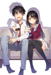 Rule 34 | 1boy, 1girl, arm grab, arm hug, black eyes, black hair, black thighhighs, blue neckwear, breast pocket, clenched teeth, collarbone, collared shirt, commentary request, controller, dress shirt, full body, grey pants, hair ornament, hairclip, highres, long hair, long sleeves, md5 mismatch, miniskirt, mmu, neckerchief, necktie, no shoes, official art, open mouth, original, outstretched arm, pants, plaid neckwear, pleated skirt, pocket, purple shirt, red neckwear, remote control, resolution mismatch, sailor collar, scared, school uniform, serafuku, shadow, shirt, simple background, sitting, skirt, socks, source smaller, tearing up, tears, teeth, thighhighs, white background, white sailor collar, white shirt, white skirt, wide-eyed, wing collar, zettai ryouiki