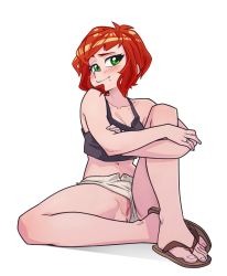 Rule 34 | crop top, crossed arms, flip-flops, military, military vehicle, motor vehicle, no panties, on floor, open clothes, original, pussy, pussy peek, red hair, revealing clothes, sandals, short hair, short shorts, shorts, sitting, tank, the pink pirate, uncensored, upshorts, white background