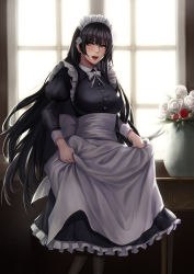 Rule 34 | 1girl, :d, absurdres, apron, apron hold, bad id, bad pixiv id, black hair, black pantyhose, blush, breasts, curtains, day, flower, frills, girls&#039; frontline, highres, indoors, juliet sleeves, kibellin, large breasts, long hair, long sleeves, looking at viewer, maid, maid headdress, open mouth, pantyhose, puffy sleeves, rose, smile, solo, sunlight, type 95 (girls&#039; frontline), vase, very long hair, white flower, white rose, window, yellow eyes