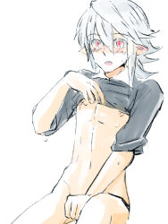 Rule 34 | 1boy, between legs, blush, clothes lift, corrin (fire emblem), corrin (male) (fire emblem), fire emblem, fire emblem fates, hand between legs, lifting own clothes, looking at viewer, male focus, nintendo, nipples, pointy ears, red eyes, shirt lift, silver hair, solo, sweat, undressing