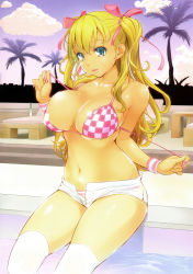 Rule 34 | 1girl, absurdres, bikini, blonde hair, blue eyes, breasts, checkered bikini, checkered clothes, cleavage, dengeki moeou, highres, kima-gray, large breasts, long hair, navel, open fly, poolside, scan, shiny skin, short shorts, shorts, sitting, skindentation, smile, soaking feet, solo, swimsuit, thighhighs, two side up, untied, untying, unzipped, water, white thighhighs, wristband