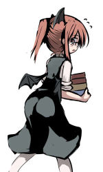 Rule 34 | 1girl, alternate hairstyle, ass, bat wings, bespectacled, book, book stack, female focus, gatau, glasses, head wings, holding, holding book, koakuma, long hair, low wings, lowres, ponytail, red eyes, red hair, sleeves rolled up, solo, embodiment of scarlet devil, touhou, wings