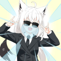 Rule 34 | 1girl, absurdres, ahoge, animal ear fluff, animal ears, arm up, black necktie, black suit, blue heart, braid, breasts, collared shirt, commentary request, double fox shadow puppet, earrings, extra ears, felutiahime, formal, fox ears, fox girl, fox shadow puppet, fox tail, hair between eyes, heart, highres, hololive, jewelry, long hair, looking at viewer, necktie, open mouth, pentagram, shirakami fubuki, shirt, sidelocks, simple background, single braid, small breasts, solo, suit, sunglasses, tail, v-shaped eyebrows, virtual youtuber, white background, white hair, white shirt
