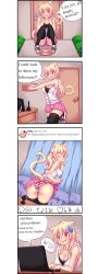 Rule 34 | + +, 1girl, 4koma, ;d, absurdres, animal ear fluff, animal ears, ass, bed, bedroom, blonde hair, blush, bowl, box, breasts, cat ears, cat tail, cleavage, clothes lift, comic, computer, door, english text, fang, heart, highres, huge filesize, incredibly absurdres, laptop, large breasts, looking at viewer, looking back, milestone celebration, nervous smile, nottytiffy, one eye closed, open mouth, original, package, panties, pillow, pleated skirt, red eyes, rice bowl, selfie, skirt, skirt lift, smile, solo focus, striped clothes, striped panties, sweatdrop, tail, taking picture, text focus, thighhighs, tiffy (nottytiffy), typo, underwear, webcam