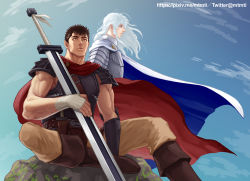 Rule 34 | 2boys, androgynous, armor, berserk, black hair, blue eyes, brown eyes, cape, dragonslayer (sword), enaki (mtmti), expressionless, feet out of frame, griffith (berserk), guts (berserk), holding, holding sword, holding weapon, long hair, male focus, multiple boys, muscular, red cape, scar, scar on face, scar on nose, short hair, sitting, sky, sword, toned, toned male, twitter username, wavy hair, weapon, white cape, white hair, wind, wind lift