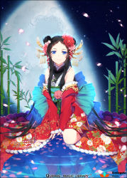 Rule 34 | 1girl, backlighting, bamboo, bare shoulders, between legs, black hair, blue eyes, cherry blossoms, closed mouth, colored eyelashes, detached sleeves, double bun, dress, flower, full body, hair flower, hair ornament, hakusai (tiahszld), hand between legs, headpiece, japanese clothes, kaguya hime (qurare), kimono, kneeling, long sleeves, looking at viewer, md5 mismatch, moon, moonlight, petals, plant, qurare magic library, red dress, red flower, ripples, sidelocks, sitting, sleeveless, sleeveless dress, smile, solo, wariza, water, wide sleeves