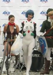Rule 34 | animated, animated gif, ass, ass shake, ayanami rei, ayanami rei (cosplay), bent over, blue hair, cosplay, dancing, from behind, link, link (cosplay), lowres, neon genesis evangelion, nintendo, photo (medium), shaking, the legend of zelda