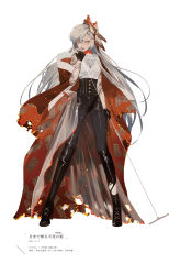 Rule 34 | 1girl, alternate costume, black gloves, burnt clothes, cape, fujiwara no mokou, full body, gloves, hair ornament, hair ribbon, high-waist pants, high heels, high waisted pants, legs apart, long hair, long legs, looking at viewer, microphone, microphone stand, open mouth, pants, red eyes, rei (sanbonzakura), ribbon, see-through, shirt, silver hair, simple background, solo, standing, torn clothes, torn pants, touhou, very long hair, white background
