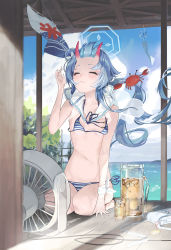 Rule 34 | 1girl, bag, bikini, black ribbon, blue archive, blue hair, blue halo, chise (blue archive), chise (swimsuit) (blue archive), closed eyes, closed mouth, cloud, commentary request, crab, day, electric fan, halo, hand up, highres, horns, lemonade, light blush, long hair, neck ribbon, ocean, oni horns, red horns, ribbon, sailor collar, seiza, serie niai, shoulder bag, sitting, solo, striped bikini, striped clothes, sweat, swimsuit, tree, unworn bag, very long hair, white sailor collar, wind chime
