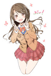 Rule 34 | 10s, 1girl, :d, blush, brown eyes, brown hair, cropped legs, double v, half updo, hands up, idolmaster, idolmaster cinderella girls, jacket, long hair, long sleeves, looking at viewer, open mouth, plaid, plaid skirt, pleated skirt, red skirt, school uniform, shimamura uzuki, simple background, skirt, smile, solo, tanaka (colorcorn), tareme, v, wavy hair, white background