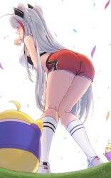 Rule 34 | 1girl, ass, azur lane, bare shoulders, bent over, blush, commentary request, crop top, from behind, from side, full body, hand on own face, hand on own knee, hand up, highres, kneehighs, knees together feet apart, leaning forward, long hair, manjuu (azur lane), midriff, multicolored hair, orange eyes, prinz eugen (azur lane), red hair, red shorts, shirt, short shorts, shorts, sleeveless, sleeveless shirt, socks, solo, standing, streaked hair, thighs, two-tone hair, very long hair, waa! okami, white hair, white shirt