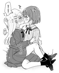 Rule 34 | 2girls, blush, commentary request, ear blush, eye contact, fingering, french kiss, full body, greyscale, hachiko (hati12), hair ornament, hairclip, highres, kiss, long hair, long sleeves, looking at another, monochrome, multiple girls, original, pleated skirt, sailor collar, school uniform, serafuku, shirt, short hair, sitting, skirt, socks, thought bubble, tongue, tongue out, translation request, twitching, yuri