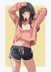 Rule 34 | 1girl, absurdres, arms up, black hair, black shorts, border, chainsaw man, clothes writing, commentary, dolphin shorts, ear piercing, facial scar, feet out of frame, hand on own head, highres, long hair, long sleeves, looking at viewer, navel, outside border, piercing, pink shirt, ringed eyes, scar, scar on cheek, scar on face, scar on nose, shiren (ourboy83), shirt, shorts, solo, standing, thighs, white border, yellow background, yoru (chainsaw man)