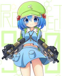 Rule 34 | 1girl, backpack, bag, blue skirt, blush, bright pupils, bullet, bullpup, closed mouth, commentary request, cowboy shot, dual wielding, green hat, gun, hair between eyes, hair bobbles, hair ornament, hat, highres, holding, inon, kawashiro nitori, key, navel, p90, personal defense weapon, pouch, skirt, skirt set, smile, solo, submachine gun, thighs, touhou, twintails, v-shaped eyebrows, weapon
